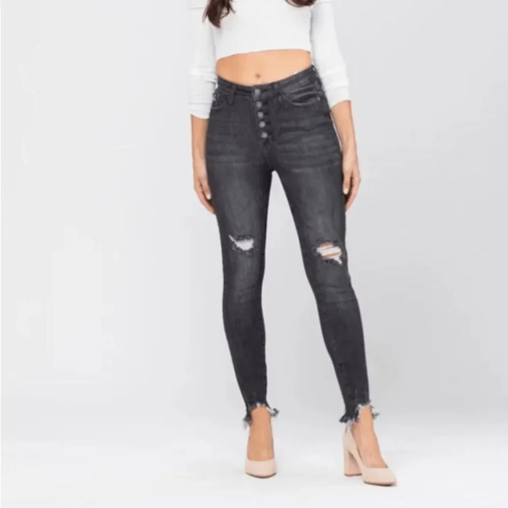 Judy Blue Lani Skinny Distressed Button Fly Jeans Stonewashed Black Size‎ 9/29
